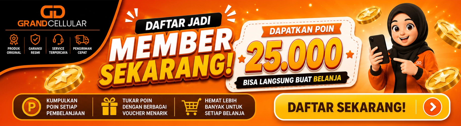 Banner promo Grand Cellular untuk member baru yang berhasil mendaftar dan langsung mendapatkan bonus poin 25.000 sebagai hadiah sambutan.