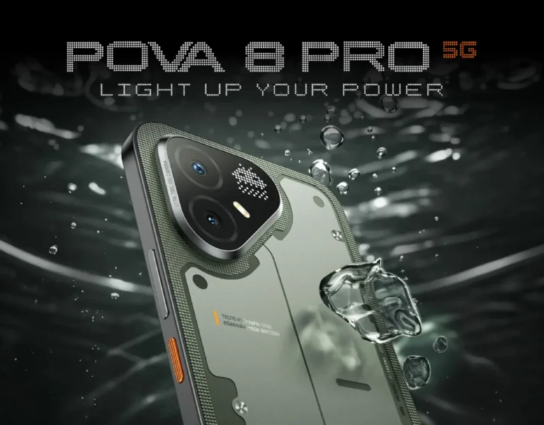Tecno Pova 8 Pro 5G dengan layar 1024x800 piksel, desain premium, dan performa tinggi untuk gaming serta multitasking.