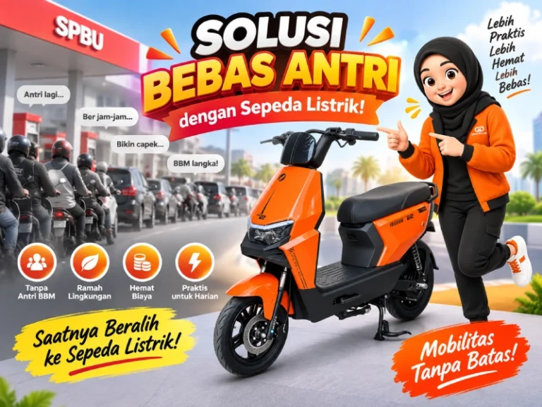 Banner promo antri BBM sepeda listrik hemat energi ramah lingkungan